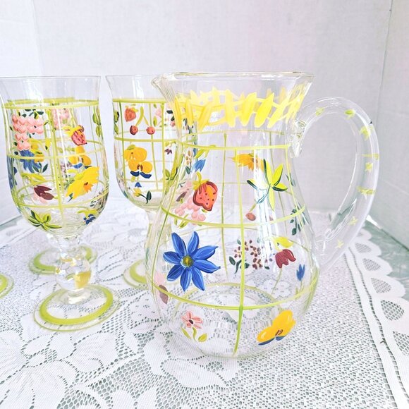 Handpainted French Country Ice Tea Glass Pitcher & Goblet Set floral 5pc flowers - Picture 3 of 7